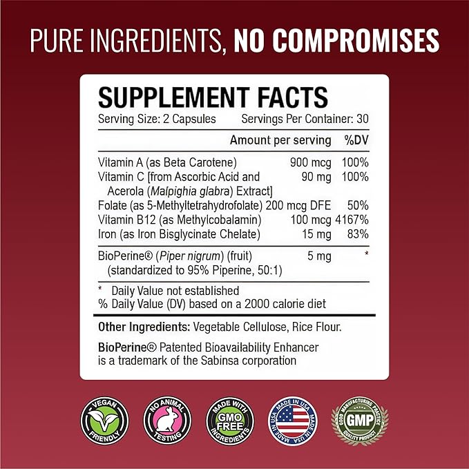 Approved Science Anemiaprin - Absorbable Iron Vitamin C - Gentle On Stomach - 120 Capsules - 2 Month Supply - Non-GMO Vegan