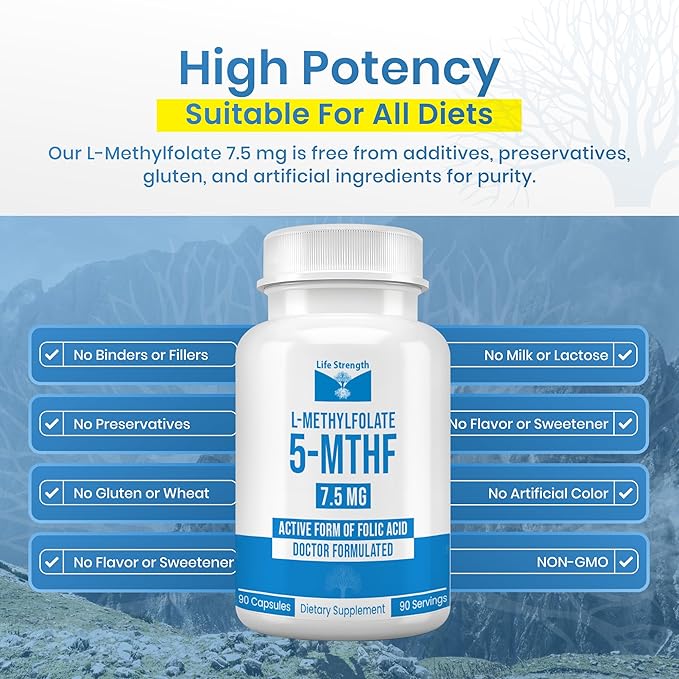 L Methylfolate 7.5mg | 90 Capsules | Optimized &amp Highly Bioactive Methyl Folate Supplement | 5-MTHF Supports for Energy Focus &amp Mood | Non-GMO Gluten Free Vegan | 3 Month Supply