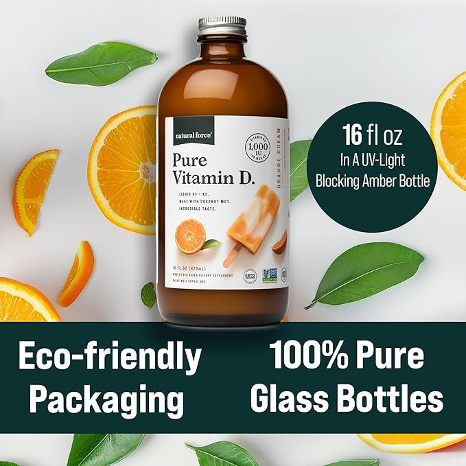 Natural Force Pure Vitamin D – Liquid D3 &amp K2 with Coconut MCT –1000 IU Immunity &amp Nutrient Absorption Booster- Vegan - Orange Cream 16 fl oz