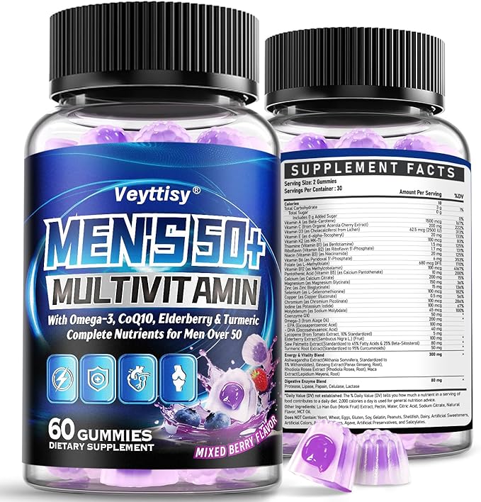 Sugar Free Multivitamin Gummies for Men 50 Plus - Methylated Multivitamin with Omega-3 CoQ10 Elderberry &amp Turmeric for Energy Immune Gut Health Support - Vegan Non-GMO Gluten-Free