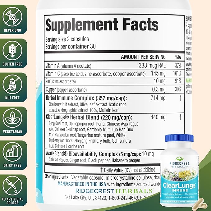 RidgeCrest Herbals ClearLungs Immune Lung Support Supplement with Elderberry Zinc Vitamin C Vitamin A Olive Leaf Mullein Lung Wellness Formula for Respiratory Health (60 Vegan Caps 30 Serv)