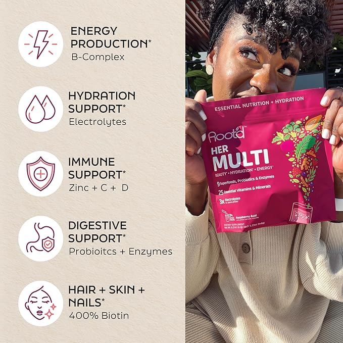 Root'd Multivitamin Powder for Women - 25 Vitamins &amp Minerals with 3X Electrolytes 9 Organic Superfoods Probiotics &amp Enzymes Sugar-Free Multivitamin &amp Hydration | 24 Vitamin Drink Mix P