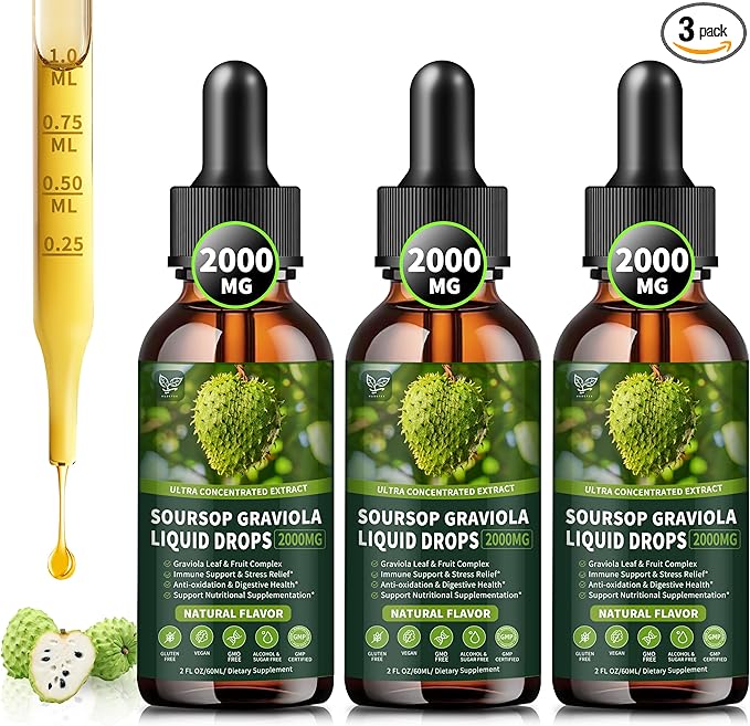 (3 Pack) Soursop Graviola Liquid Drops 2000mg 98% Absorption for Cell Support &amp Regeneration Immune Boost Liver Herbal Goodness Soursop Bitters Liquid-Sugar/Gluten Free Natural Flavor 6 Fl