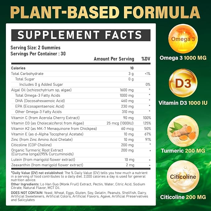 Omega-3 Supplement Gummies for Women &amp Men - 1000mg Vegan Omega3 DHA &amp EPA with Turmeric Vitamin D3 K2 Citicoline for Overall Health - Algae Oil Omega 3 Fatty Acid Supplements Sugar-Free