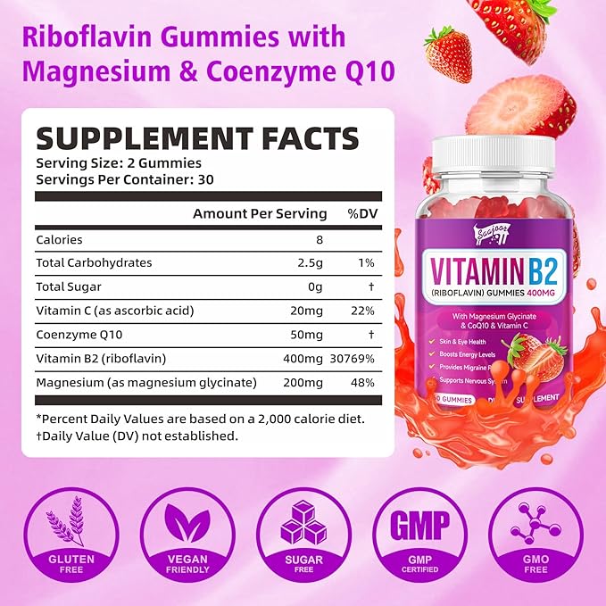 2 Pack Vitamin B2 Gummies- Riboflavin 400mg with Magnesium &amp CoQ10 &amp Vitamins for Kids &amp Adults Migraine Relief &amp Headache Relief - Strawberry Flavor 120 Gummies