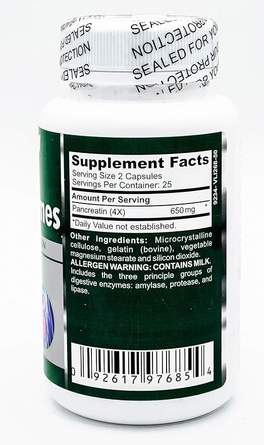 Enzymes 50 Capsules Formula Supports Digestion Amylase Enzyme Breakdown the Carbohydrate Protease Metabolize Proteins and Lipase Breakdown Fat Made in USA Gluten Free FDA Registered
