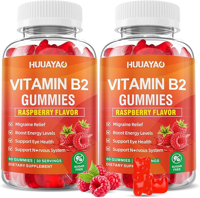 Vitamin B2 Gummies Riboflavin Supplement with Magnesium for Kids &amp Adults B2 Gummies for Migraine Relief &amp Nervous System Support Vegan Sugar-Free Raspberry Flavor 120 Count