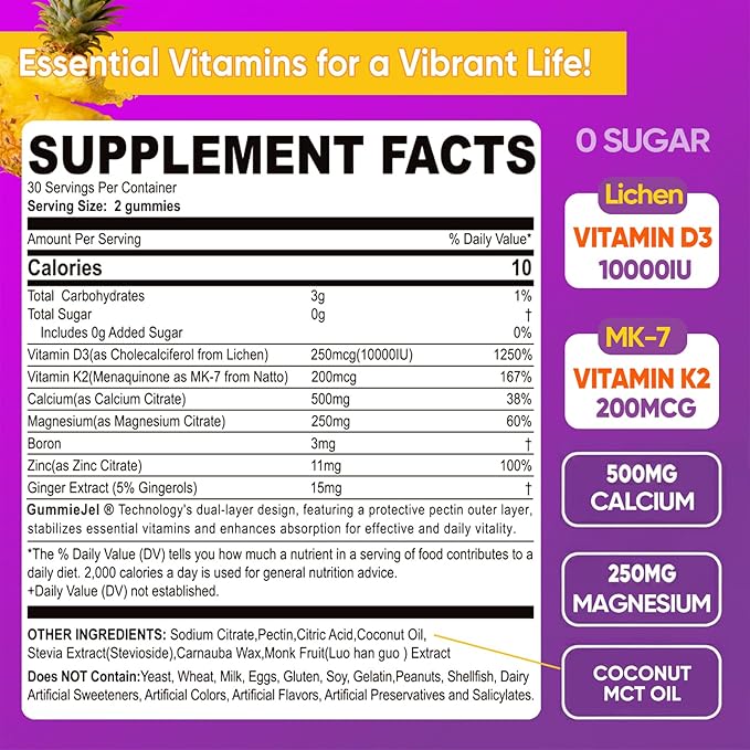 Vitamin D3 10000IU + K2 (MK-7) 200mcg Vitamin D3 K2 Magnesium Calcium Gummies with Coconut Oil Boron &amp Zinc Highly Absorbent Supports Bone Immune TeethSugar Free(Pineapple Flavor)