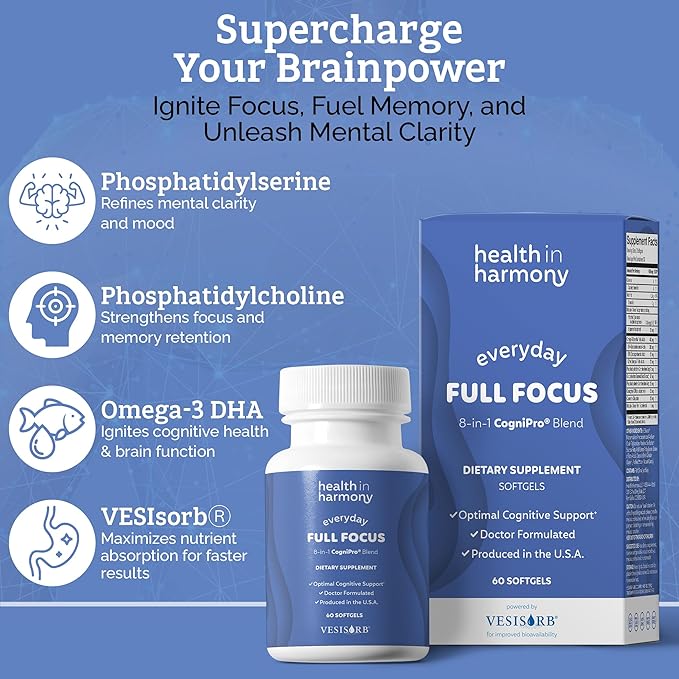 Everyday Full Focus - 8 Super Antioxidants for Cognitive Support (Omega-3 DHA Phosphatidylcholine &amp Phosphatidylserine) &amp utilizes VESIsorb® (60 ct)