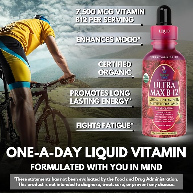 USDA Organic Ultra Max B12 | Superdose 7500mcg Vitamin B12 Liquid Drops | B12 as Methylcobalamin| Max 98% Absorption Rate | Promotes Energy| Vegan Non-GMO Strawberry flavor -4oz