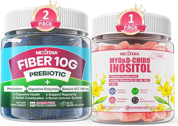Nextdia Fiber Gummies for Adults Sugar Free 10g Prebiotic Fiber Supplement + Myo-Inositol &amp D-Chiro Inositol Gummies Supplement