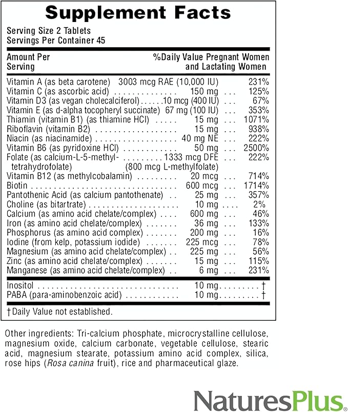 NaturesPlus Ultra Prenatal Multivitamin - 800 mcg Folate 90 Vegetarian Tablets - Prenatal Supplement with Iron Iodine Calcium &amp B-Complex Vitamins - Gluten-Free - 45 Servings