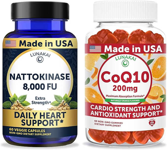 Lunakai USA Made Nattokinase 8000 FU Capsules + CoQ10 200mg Gummies Bundle – Non-GMO – 60ct Each