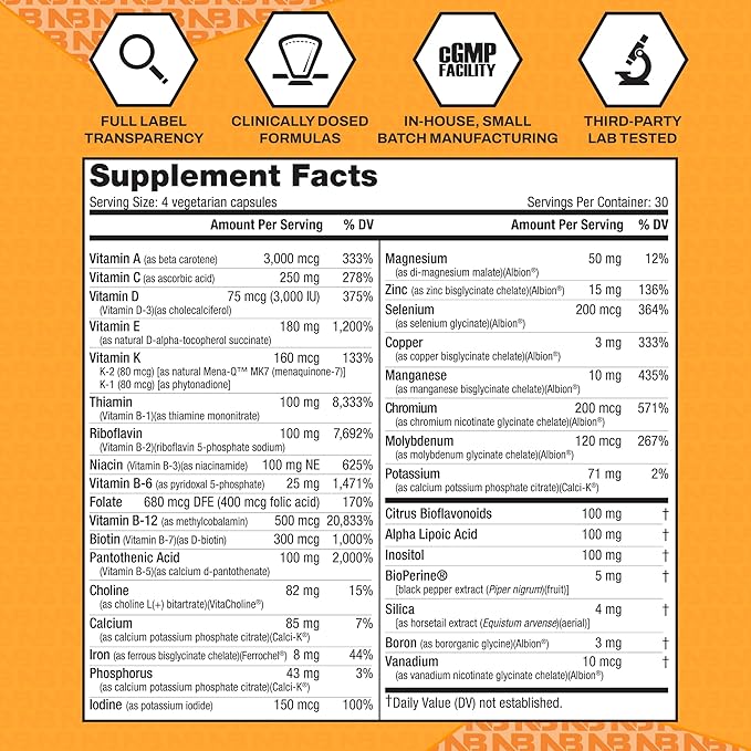 NutraBio Multisport for Men - Mens MultiVitamin - 33 Vitamins Minerals Micronutrients - Rich in Antioxidants - Supports Peak Athletic Performance Energy Metabolism (120 Vegetable Capsules)