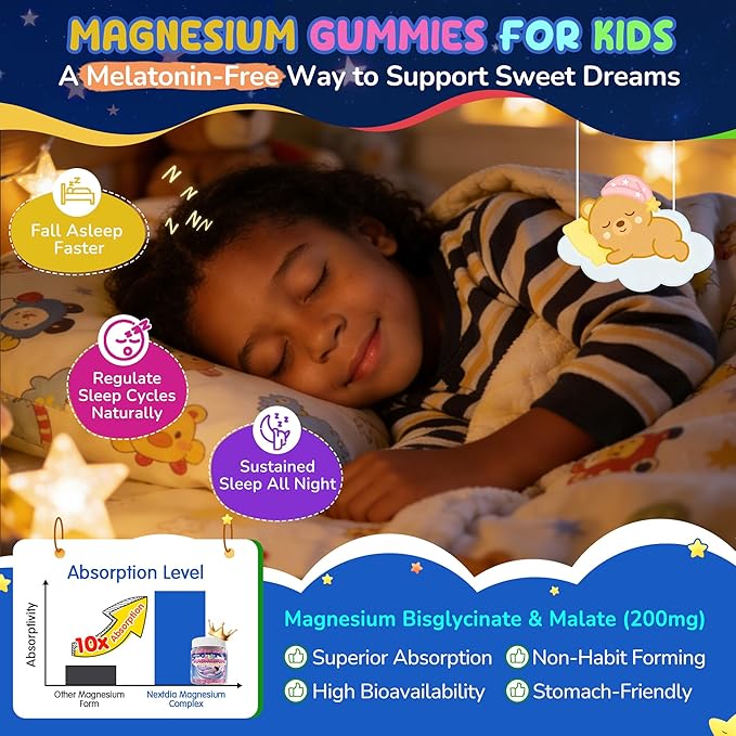 Kids Magnesium Glycinate Gummies + Calcium + Omega 3 - Kids Sleep &amp Calm Gummies Melatonin Free Magnesium Gummies + L-theanine B6 D3 &amp K2 Zinc C for Restful Sleep Bones Brain &amp Immu