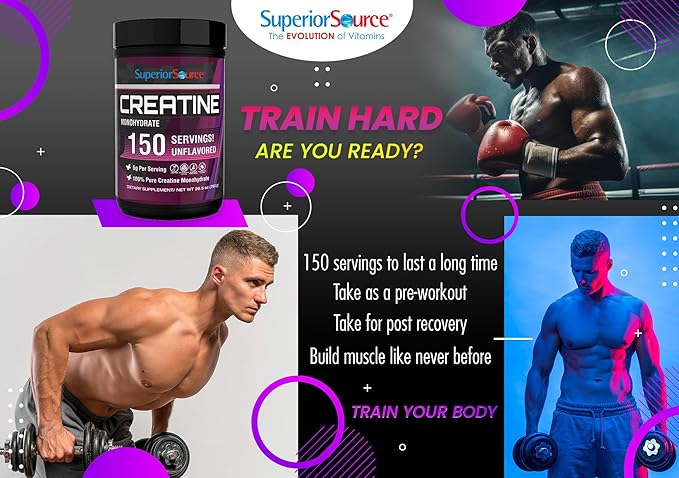 Superior Source Creatine Monohydrate 750G 5000mg Per Serv (5g) - 150 Servings 26.5 oz Muscle Growth Enhanced Strength Supports Post-Workout Recovery Ideal for High-Intensity Training Non-GMO