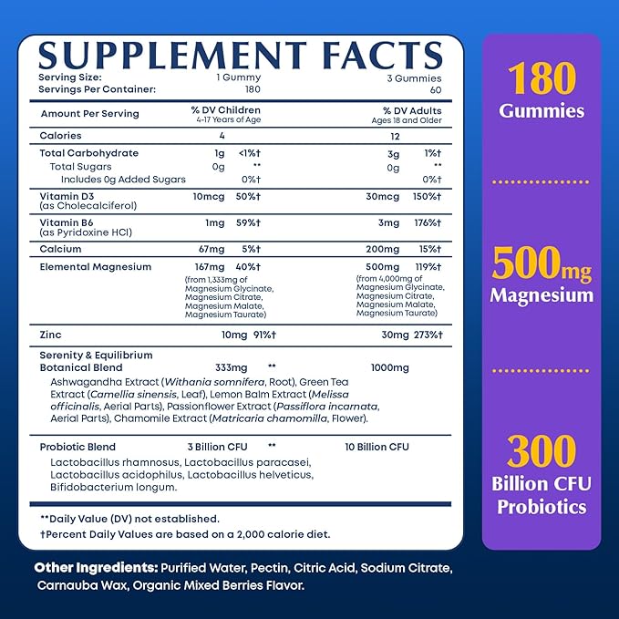 (180 Count) Magnesium Gummies – Magnesium Complex for Kids &amp Adults Magnesium Glycinate Citrate Malate Taurate with 3 Billion CFU Probiotics Ashwagandha D3 B6 Support Mood Rest Calm Mu