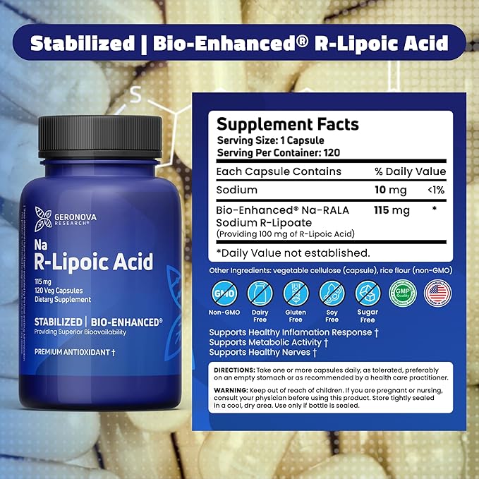 Geronova Research Bio-Enhanced R-Lipoic Acid 115 mg Capsules - 4 Month Supply - Stabilized R Alpha Lipoic Acid Supplement with Enhanced Absorption - 120 Count