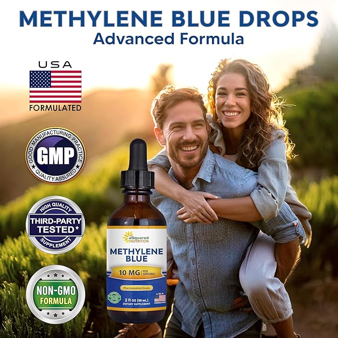 aSquared Nutrition Methylene Blue Drops - 1% Pharmaceutical Grade Liquid Supplement for Humans - 10mg USP Grade w/Vitamin C - No Formaldehyde - Brain &amp Energy Alternative to Capsules (2 fl oz)