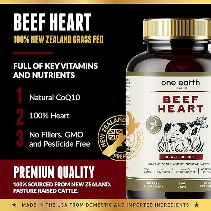 One Earth Health Grass Fed Beef Heart - New Zealand Sourced Heart. 3000mg per Serving 200 Count