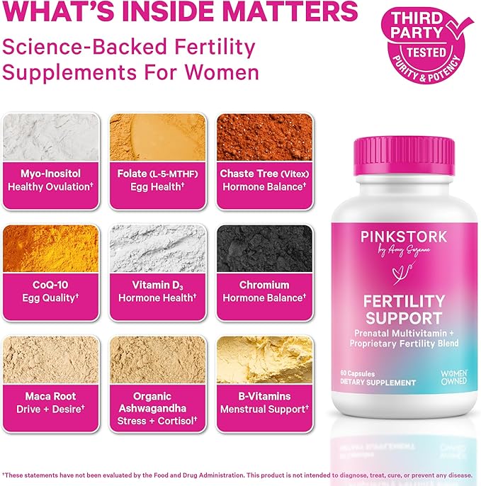 Pink Stork Fertility Supplements for Women | 2-in-1 Conception Support with Inositol Folate + CoQ10 | Cycle Regularity Hormone Balance + Reproductive Wellness | 60 Capsules