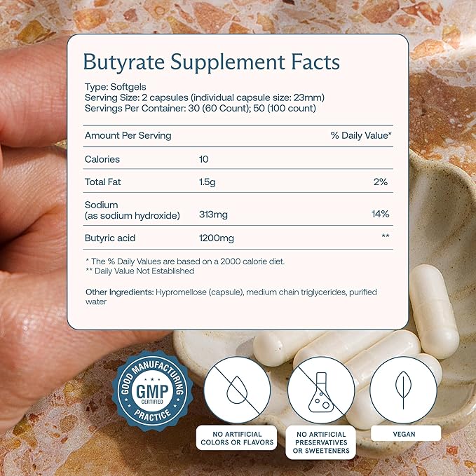 BodyBio Butyrate - Postbiotic for Gut Health Digestive Support Bloat Gas &amp Constipation Relief Leaky Gut Repair - Sodium + Butyric Acid Supplement for GI Wellness