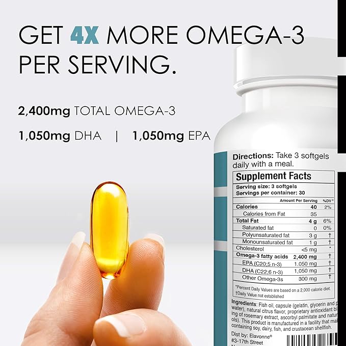 Norway Pure Omega-3 Fish Oil Softgels 2400mg (90ct) - 4X Concentrated EPA &amp DHA Triple Distilled Burpless Wild Caught Skin &amp Hair Joints Heart Health