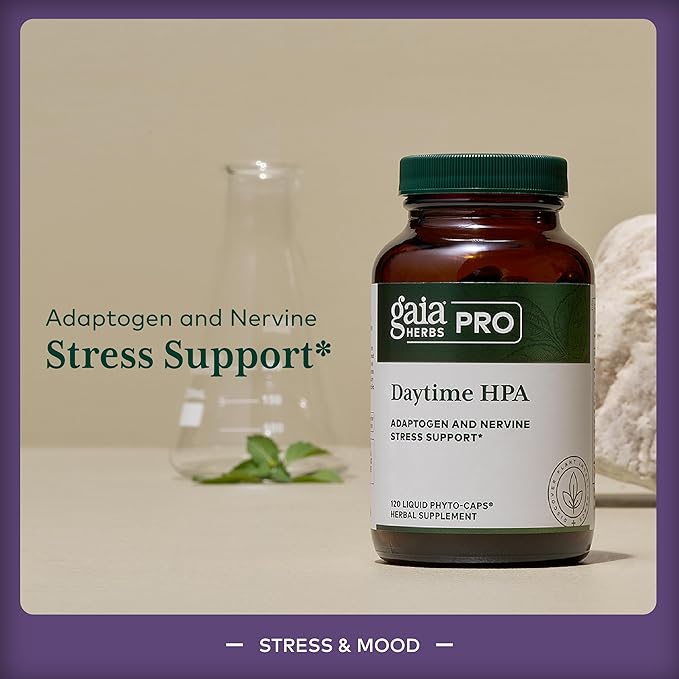 GAIA HERBS PRO Daytime HPA - Adaptogen Support Supplement - Nervous System Support Supplement with Olive Oil &amp Rhodiola* - Vegan Gluten-Free Soy-Free - 120 Liquid Phyto-Caps (60 Servings)