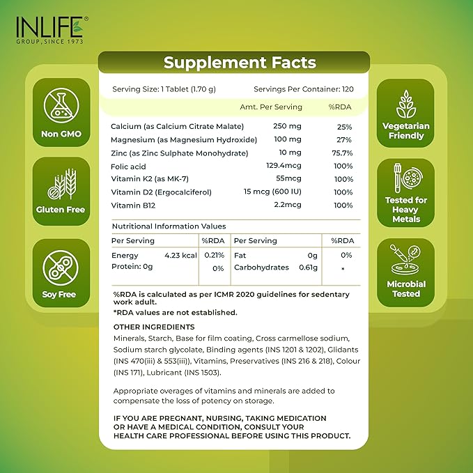 INLIFE Calcium Magnesium Zinc Vitamin D K2 Folic Acid &amp B12 Vegetarian Tablets Bone &amp Joint Support Supplement | Calcium Supplement for Women Men - 120 Tablets (Pack of 1)