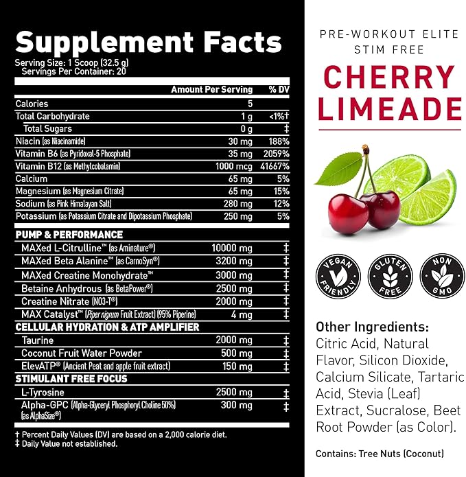 Kaged Pre Workout Elite Stim Free Powder | Cherry Limeade | Creatine Beta Alanine L-Citrulline | No Caffeine | 20 Servings