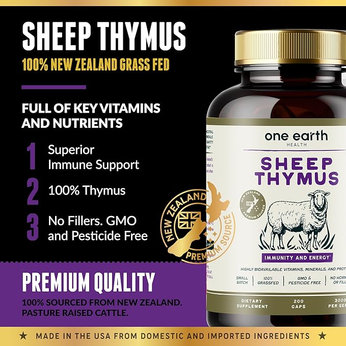 One Earth Health Grass Fed Thymus - New Zealand Sourced Thymus. 3000mg per Serving 200 Count