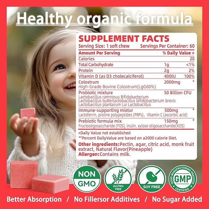 Bovine Colostrum Chews Supplement with probiotics for Gut Health Bloating Immune Support Skin Hair Growth and Beauty - Strawberry Flavor (60 Servings)