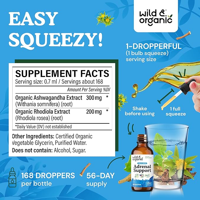 Wild &amp Organic Adrenal Support Supplements - Mood &amp Energy Support - Ashwagandha &amp Rhodiola Rosea Extract Complex for Women &amp Men - Add to Tea Liquid Drops - Vegan No Sugar &amp Alco
