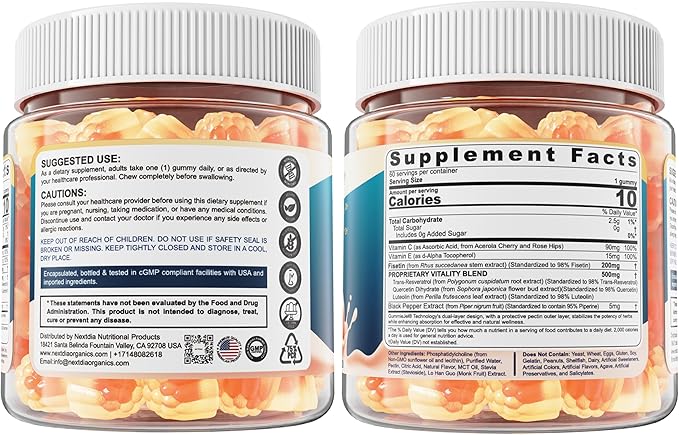 Liposomal Fisetin 200mg &amp Resveratrol Complex 500mg Liquid Gummies - Longevity &amp Cell Renewal Support - 98% High Purity FisetinTrans-Resveratrol Quercetin Luteolin with Vitamins C &amp E 1-