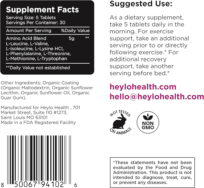 Heylo Amino+ Acid Supplement Blend - Essential Amino Acids with BCAAs for Muscle Recovery Energy and Protein Synthesis | Healthy Skin &amp Joints - Vegan Non-GMO 150 Tablets