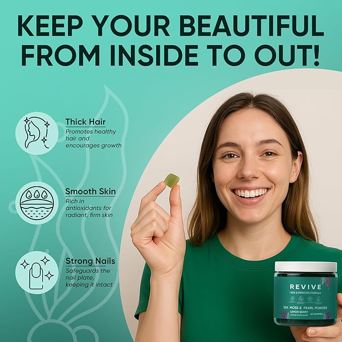 Balmbare Revive Gummies for Hair Loss - Sea Moss Gummies with Vitamin C Vitamin E Aloe Vera Pearl Powder Supports Faster Hair Growth Stronger Nails Extra Strength - 60 Count (1)