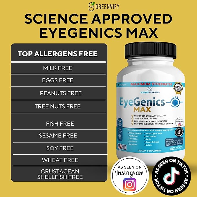 EyeGenics Max Vision Support Supplement 60 Capsules Maximum Strength Eye Health Formula with Lutein Bilberry Extract Vitamins (5)