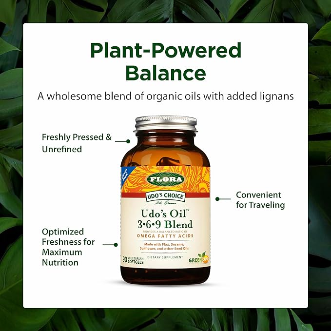 Flora Health Udo's Oil 3-6-9 Blend Balanced Omega Fatty Acids from Flax Sesame Sunflower 90 Vegetarian Capsules