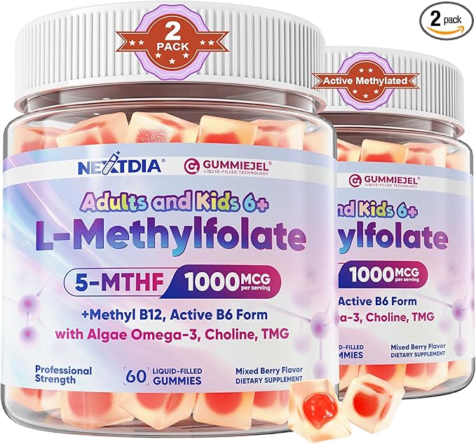 L-Methylfolate 1000 mcg + Methyl B12 Gummies for Kids &amp Adults - Active 5-MTHF w/Omega-3 DHA &amp EPA(3:1) Choline &amp TMG B6 Supports MTHFR Gene Brain Energy &amp Methylation Sugar fre