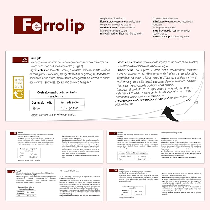 Ferrolip Iron Supplement for Women Men and Kids (20 Lemon Flavored Soluble Sachets) - Gastrointestinal Comfort and No Metallic Taste - Vegan and Gluten Free
