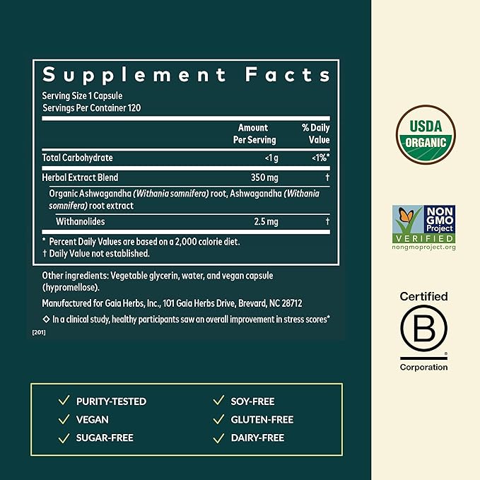 Gaia Herbs Ashwagandha Root - Stress Relief &amp Sleep Support* - 120 Vegan Liquid Phyto-Caps &amp Thyroid Support - Support Healthy Metabolic Balance &amp Overall Well-Being* - 120 Vegan Liquid Ph