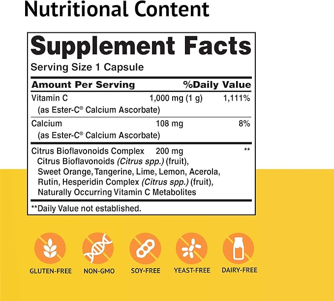 American Health Ester-C 1000 mg with Bioflavonoids Capsules 24Hour Immune Support Gentle on Stomach NonAcidic Vitamin C NonGMO Gluten-Free Servings Citrus 105 Count
