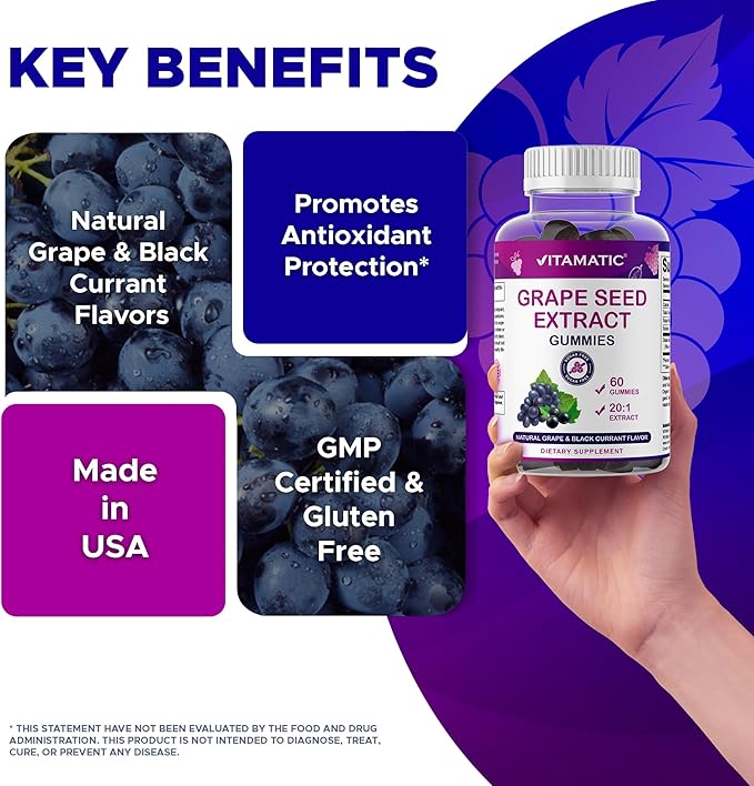 Vitamatic Grape Seed Extract Gummies – Plant-Based Botanical Extract – Natural Grape &amp Black Currant Flavor – Vegan Non-GMO – Herbal Supplement – 60 Gummies - 2 Pack