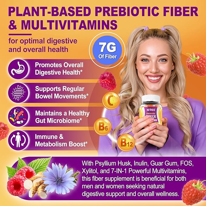 Fiber Gummies for Adults with Psyllium Husk 7G(Soluble + Insoluble) Daily Prebiotic Fiber with Inulin FOS Guar Gum Multivitamins for Daily Digestive Health Regularity SupportSugar FreePack of 2