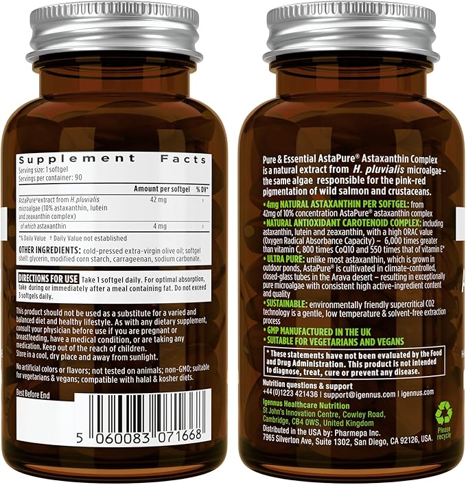 Igennus Vegan Astaxanthin 4mg Complex with Lutein and Zeaxanthin 90 Small Softgels from 42 mg Astapure Natural Algae Antioxidant for Eyes Skin &amp Joints Non-GMO H. Pluvialis