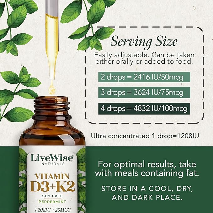 Live Wise Naturals Vitamin D3 K2 (MK-7) Peppermint Drops for Adults - 930 Drops Ultra Concentrated Formulation 1208 IU Vitamin D3 25 MCG - Precision Micro-Dosing Dropper for Calcium &amp Bone Supp