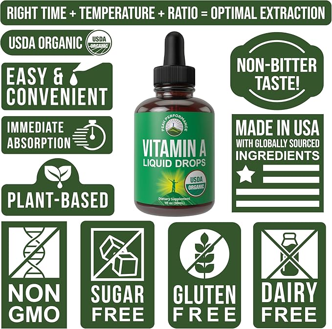USDA Organic Vitamin A Liquid Drops Supplement - Vegan High Bioavailability for Eye Skin + Bone Health - for Adults Men Women Kids - Vit A Oil Retinyl Palmitate - Gluten Free Zero Sugar 1 fl oz