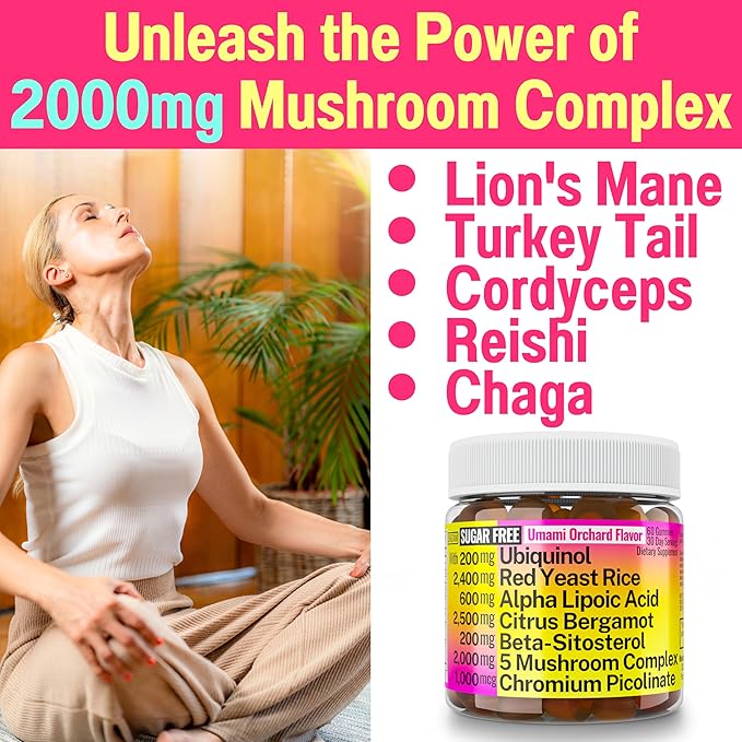 Red Yeast Rice Alpha Lipoic Acid Ubiquinol CoQ10 Citrus Bergamot Beta-Sitosterol Chromium Picolinate Sugar-Less Gummies w Lion's Mane Turkey Tail Reishi Cordyceps Chaga Pills Capsules Supplement Alt