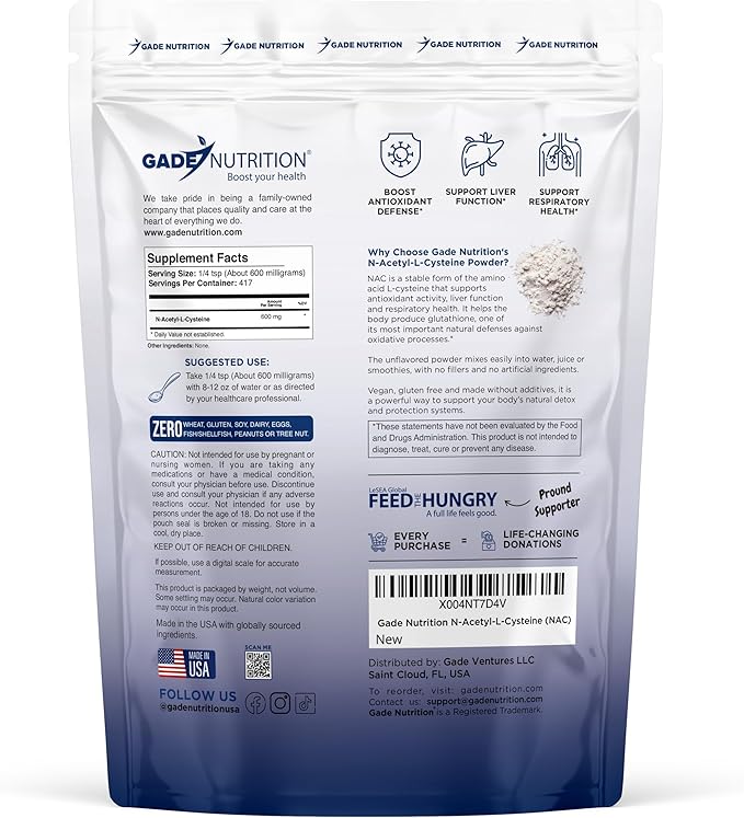 Gade Nutrition NAC Powder - N-Acetyl-Cysteine | Potent Antioxidant Support | 250g (8.8 oz) 600mg per Serving 416 Servings | Non-GMO Gluten-Free Dairy Free Vegan | USA Made
