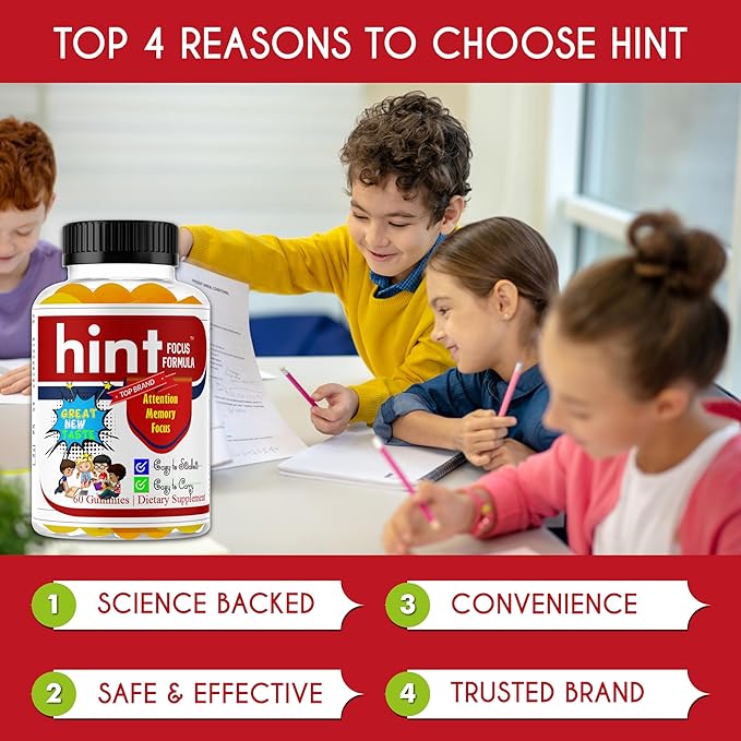 Hint Omega 3 6 9 Gummies for Kids &amp Teens – Brain Support Focus Gummies for Teens Kids Memory Vitamins Non-Fishy Low Sugar Non-Fishy – 60 Gummies